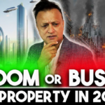 Man questioning UK property market outlook with futuristic city and burning buildings backdrop.