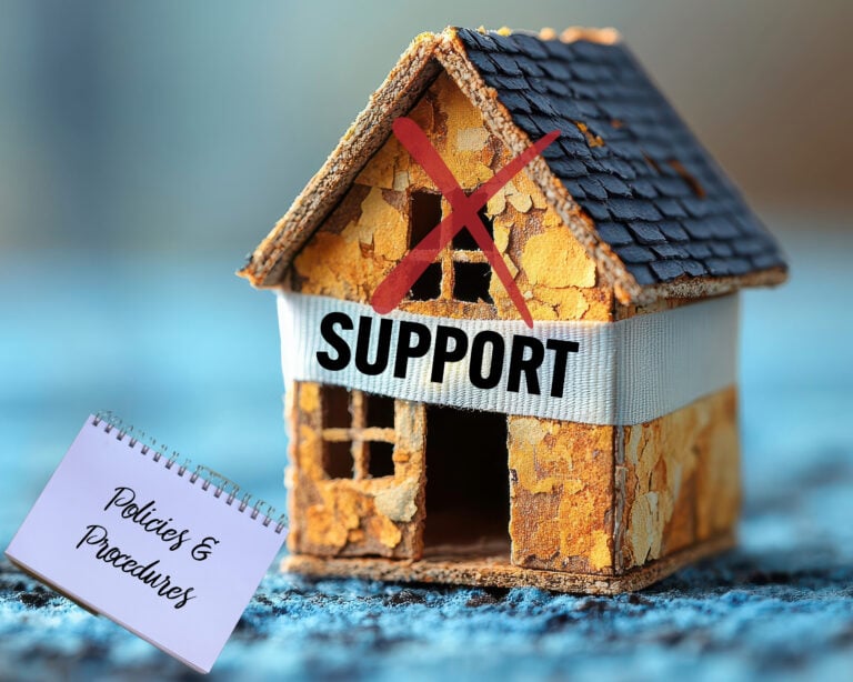 Crumbling house with "Support" crossed out and policies notebook, symbolizing landlord struggles with housing policy.