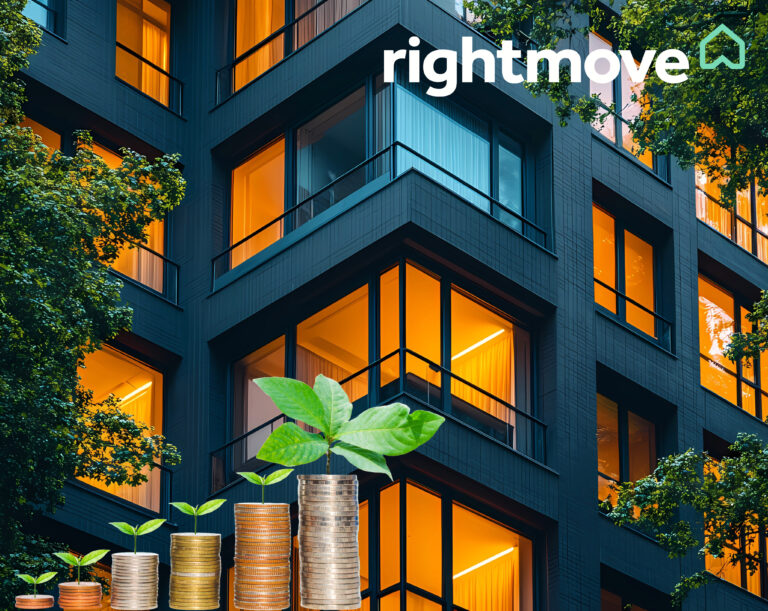 Stacks of coins with plants growing in front of modern office building symbolizing commercial property growth