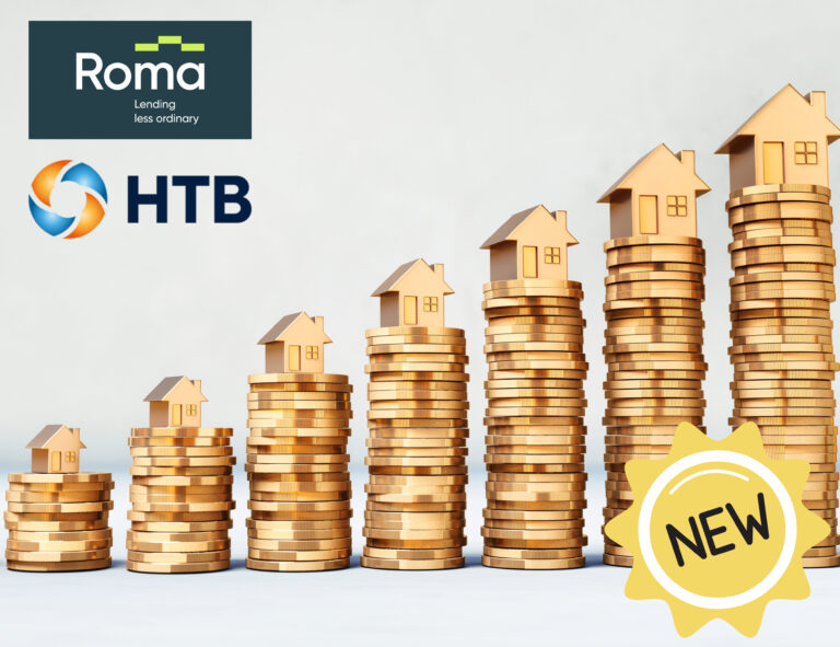 Stacks of coins with houses on top symbolizing property investment growth with Roma Finance and HTB logos.