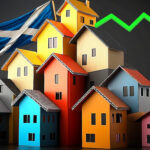 Rising Scottish house prices illustrated with colorful homes, flag, and growth arrow