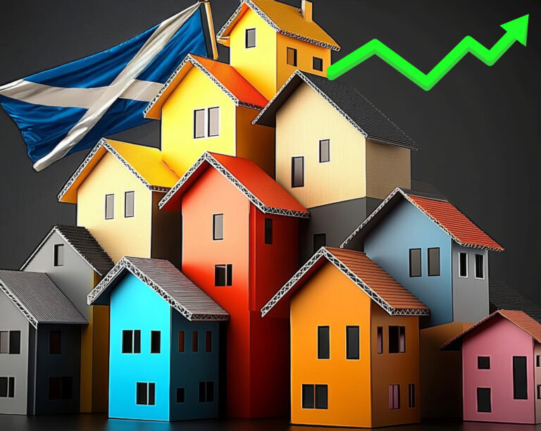 Rising Scottish house prices illustrated with colorful homes, flag, and growth arrow