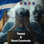 Stressed landlord at laptop with smoke rising, symbolizing pressure from Scottish rent controls and taxes