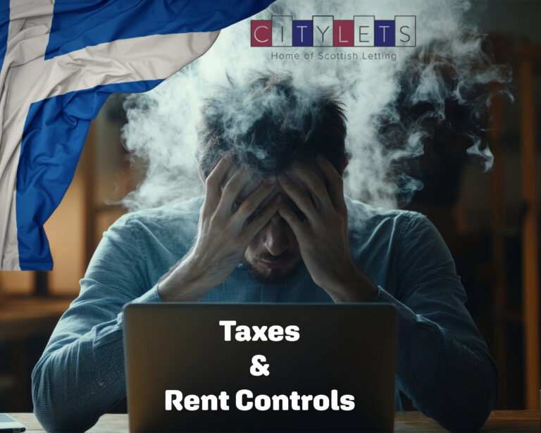 Stressed landlord at laptop with smoke rising, symbolizing pressure from Scottish rent controls and taxes