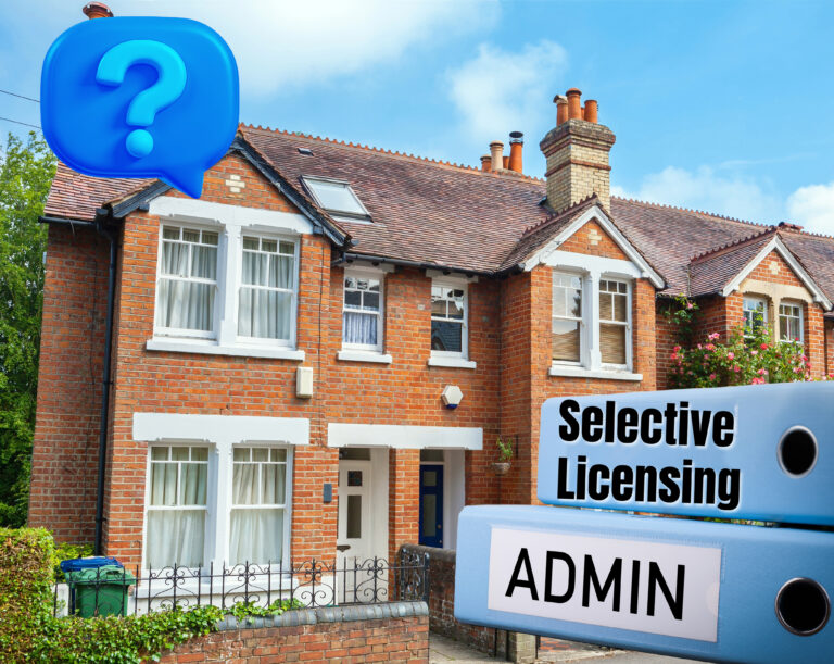 Brick house with selective licensing admin folders and question mark symbol