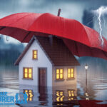 House protected by red umbrella during heavy rain and lightning storm