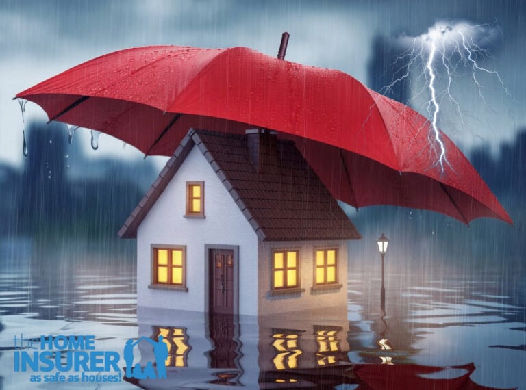 House protected by red umbrella during heavy rain and lightning storm