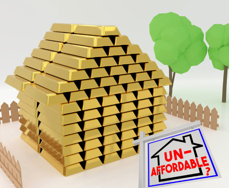 Gold bar house symbolizing high housing costs with unaffordable sign