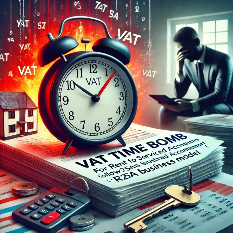 Alarm clock labeled VAT with burning background symbolizing looming tax deadline for property investors