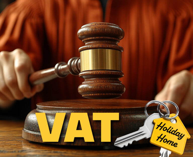 Judge’s gavel with VAT and holiday home keys symbolizing tribunal ruling on serviced accommodation.