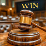 Wooden gavel on a courtroom desk with the word "WIN" symbolizing landlord’s legal victory.