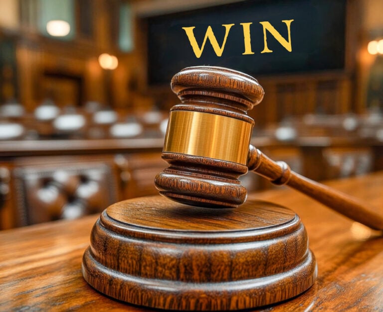 Wooden gavel on a courtroom desk with the word "WIN" symbolizing landlord’s legal victory.