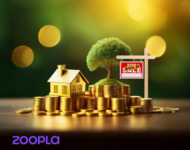 Golden house model and sold sign on stacked coins symbolising UK housing market growth.