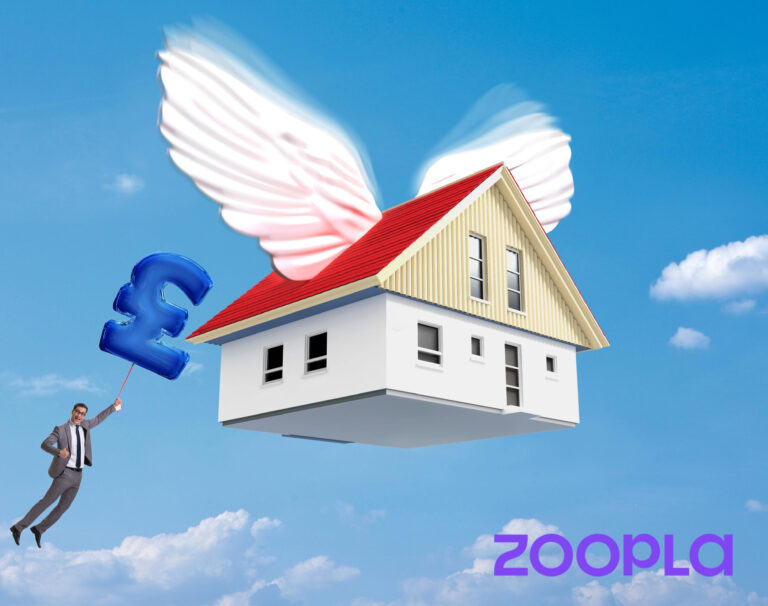 Flying house with wings symbolizing rising UK property market in 2025