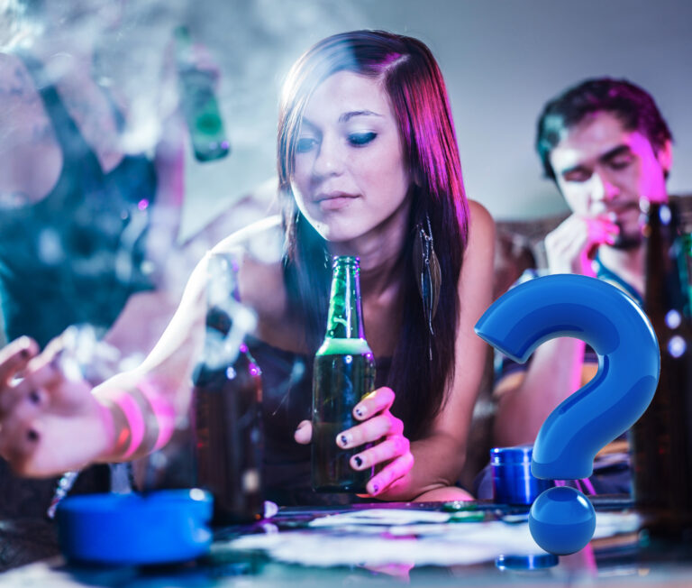 Young adults drinking and smoking at a party with question mark symbolizing concerns about antisocial behavior