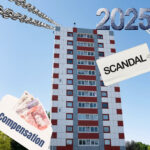 High-rise building with cladding scandal and compensation themes highlighted for 2025.
