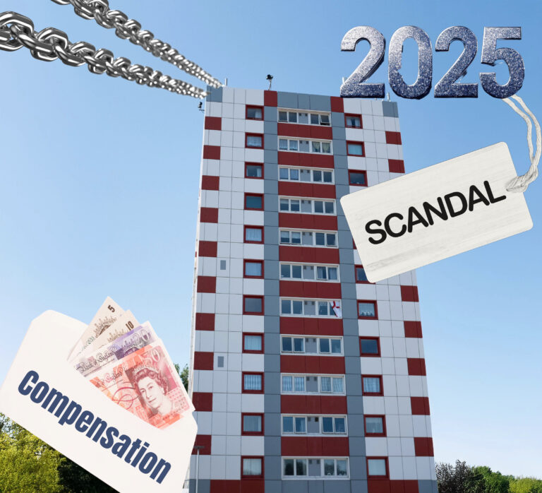 High-rise building with cladding scandal and compensation themes highlighted for 2025.