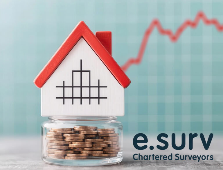 House model on coin jar with market trend graph, symbolising UK house price stability.