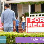 Family viewing a rental home with a For Rent sign in front yard