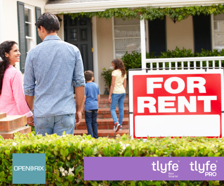 Family viewing a rental home with a For Rent sign in front yard