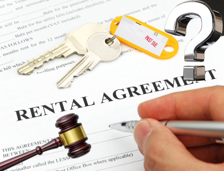 Rental agreement with keys, past due notice, and legal symbols highlighting landlord-tenant issues