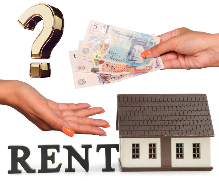 Text: Hands exchanging British banknotes with house model and rent sign, symbolising rental payments.