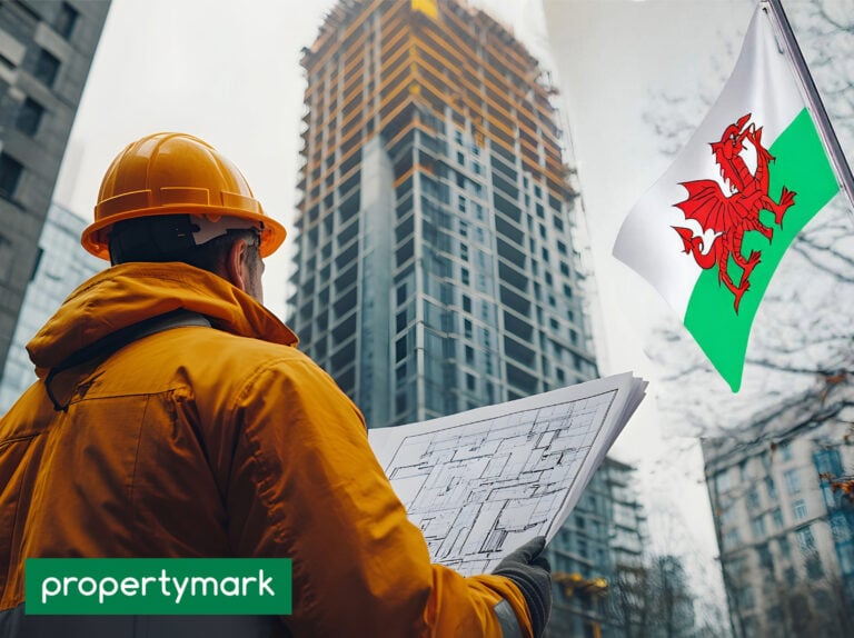 Construction worker reviewing building plans in front of high-rise with Welsh flag