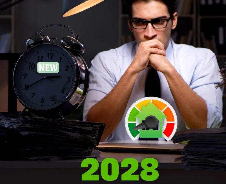 Landlord thinking about 2028 EPC deadline with energy efficiency gauge