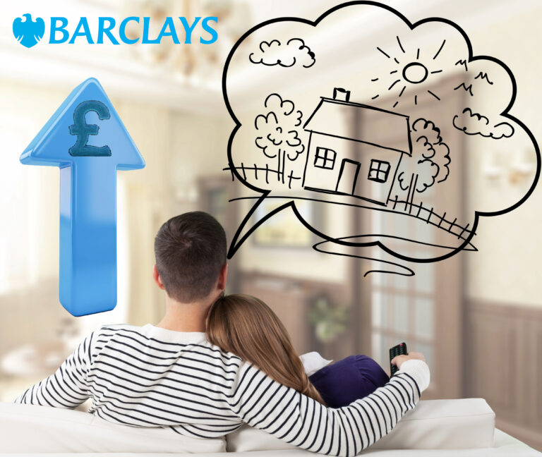 Couple dreaming of homeownership with rising housing costs shown by blue pound arrow.