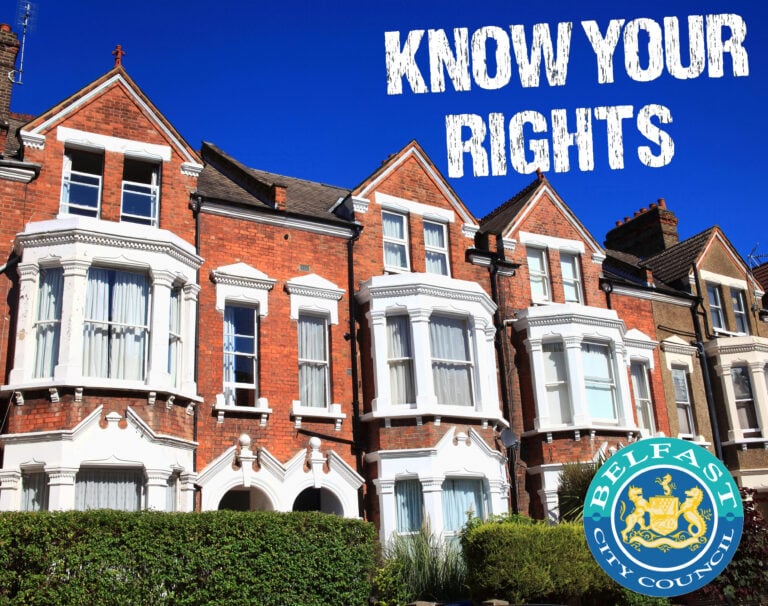 Row of Belfast HMOs with “Know Your Rights” text and Belfast City Council logo