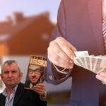 Man holding The Big Issue magazine beside businessman counting cash, symbolising tenant-landlord housing debate