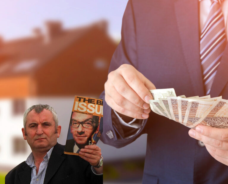 Man holding The Big Issue magazine beside businessman counting cash, symbolising tenant-landlord housing debate