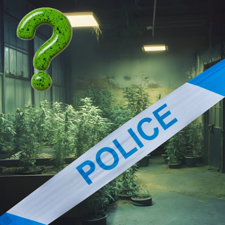 Police tape across indoor cannabis plants in a rental property investigation