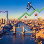 London skyline with Tower Bridge, Foxtons and Chestertons logos, and rising housing market graphic