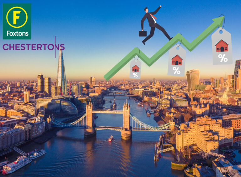 London skyline with Tower Bridge, Foxtons and Chestertons logos, and rising housing market graphic