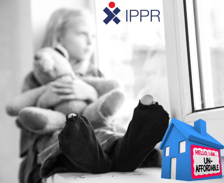 Child in worn socks holding teddy bear, highlighting housing poverty and rent affordability crisis