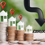 Text: Stacks of coins with house icons and a downward arrow showing UK property investment under £200,000