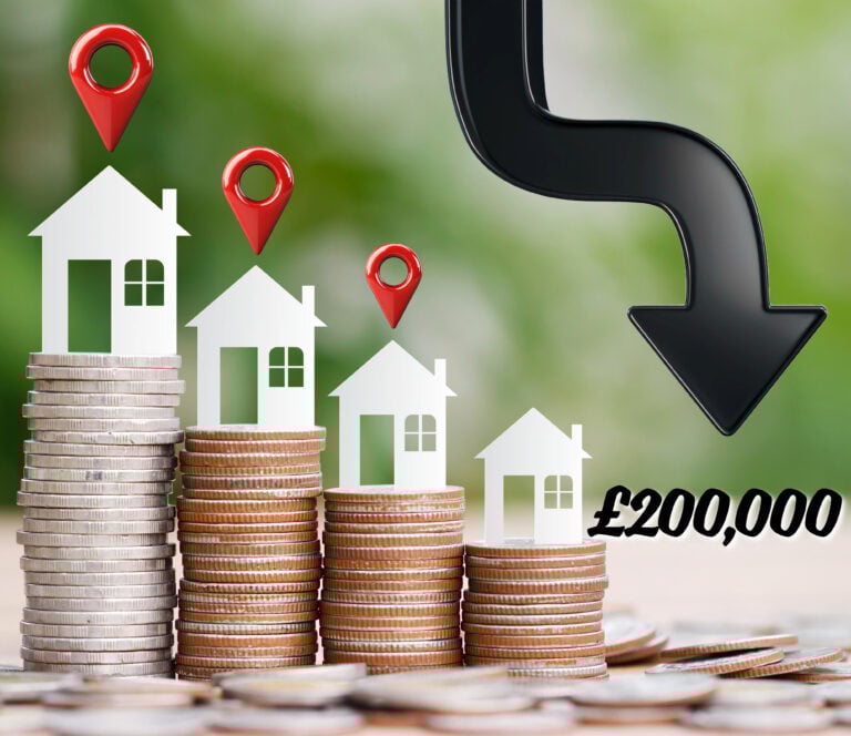 Text: Stacks of coins with house icons and a downward arrow showing UK property investment under £200,000