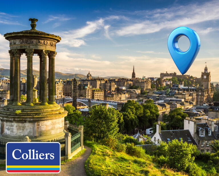 Edinburgh skyline with investment hotspot marker, highlighting property opportunities