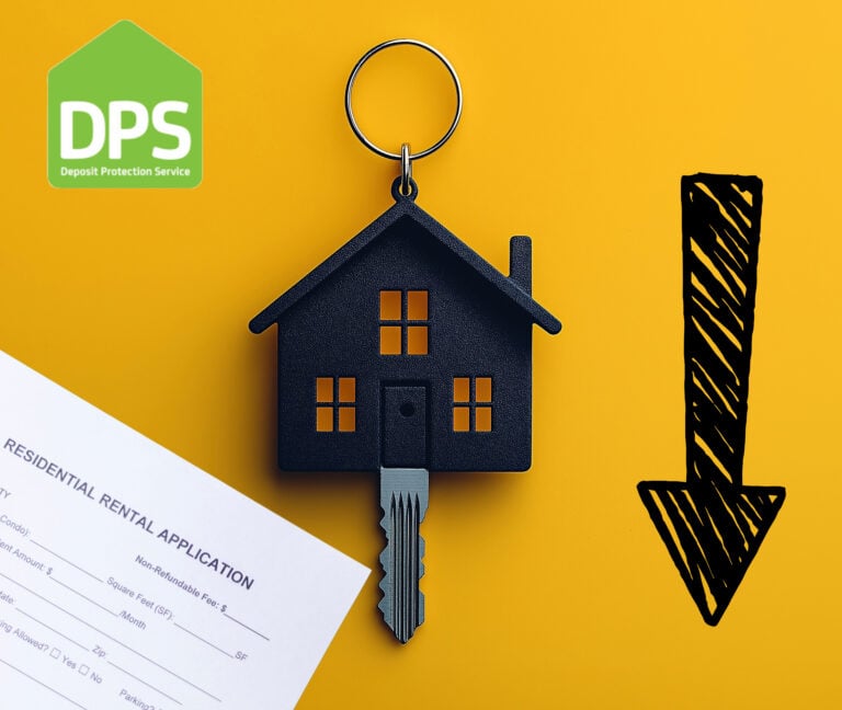 House keychain with rental application form and DPS logo highlighting falling new tenancies.