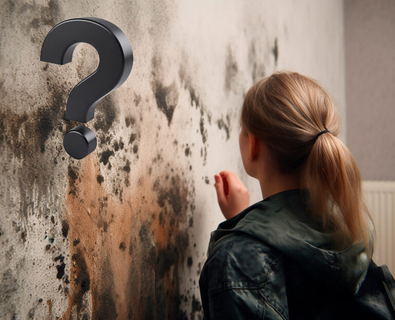 Tenant looking at severe mould and damp on a wall with a question mark overlay