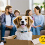 Happy dog sitting in a cardboard box with family smiling in the background