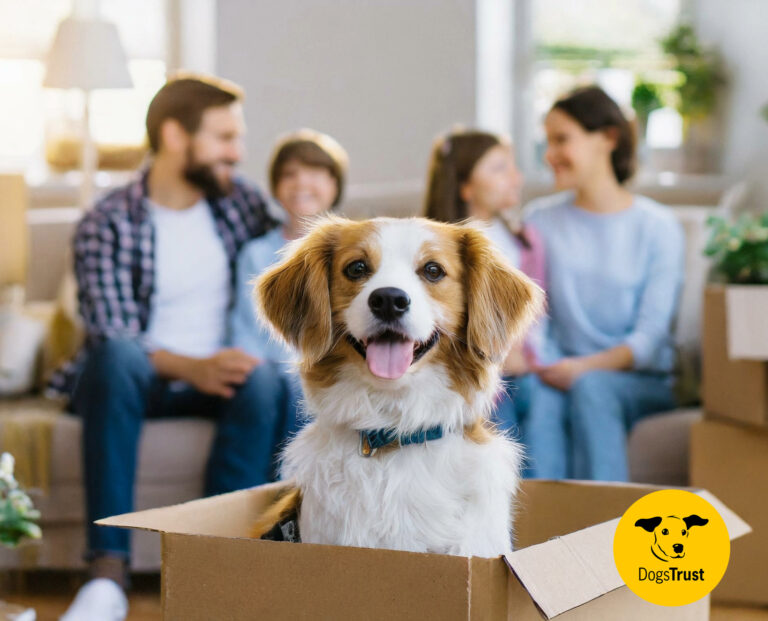 Happy dog sitting in a cardboard box with family smiling in the background