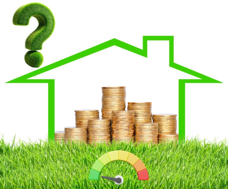 Coins stacked inside a green house outline with energy efficiency meter and grass background.
