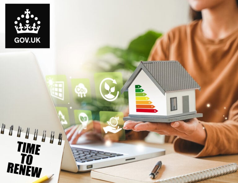 Landlord holding model house with energy efficiency rating and GOV.UK renewal reminder