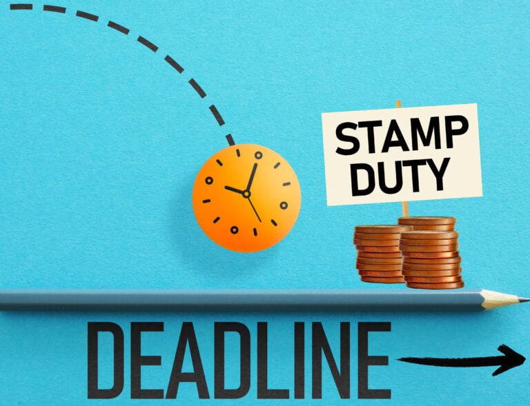 Stamp duty deadline concept with clock, coins and sign on blue background.