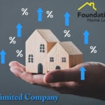 Wooden houses in a hand with rising percentage signs symbolising landlord property ownership growth.