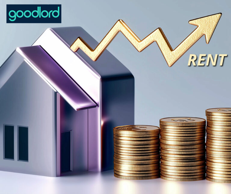 Rising rental costs shown with house, coins, and upward trend line.
