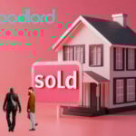 House with sold sign and landlords walking away, Goodlord branding