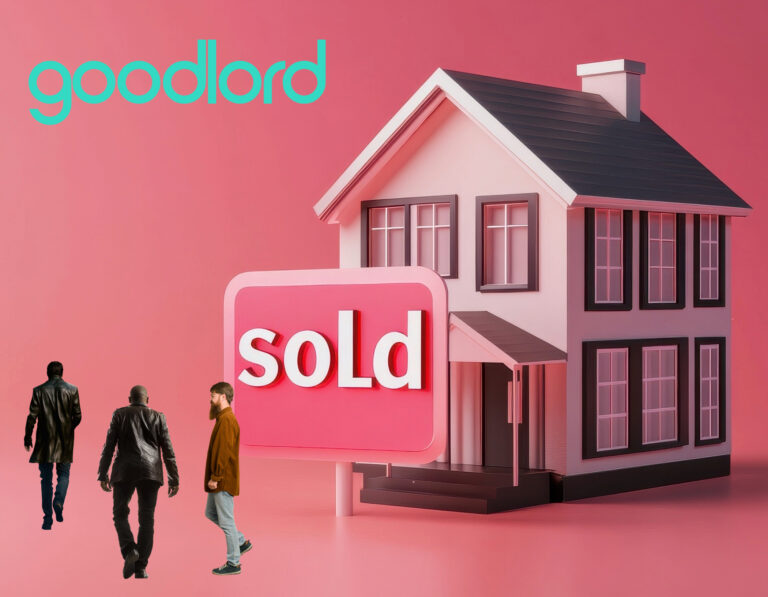 House with sold sign and landlords walking away, Goodlord branding